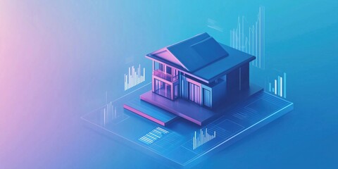 Poster - 3D house model with digital graphs representing real estate market analysis and trends