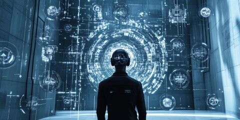 Poster - Futuristic digital interface with a person wearing a headset, surrounded by holographic data visualizations and technology elements