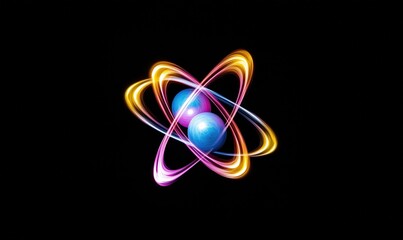Poster - colorful abstract representation of atom with electrons orbiting nucleus, vibrant energy trails, mod