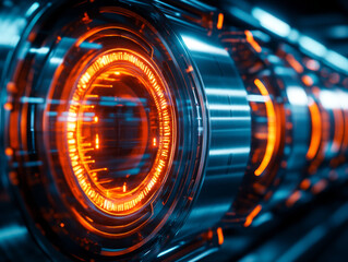 Poster - futuristic digital vault with glowing orange lights and metallic surfaces, showcasing advanced technology and intricate design
