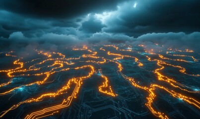 Poster - Futuristic digital landscape with glowing circuitry and stormy clouds above, depicting a high-tech environment