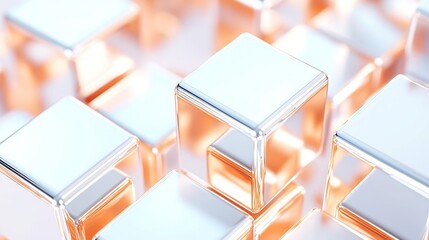 Poster - Polished Metallic Cubes in Motion, dynamic rotating geometric forms, sleek modern aesthetic, perfect for contemporary design projects and digital media backgrounds