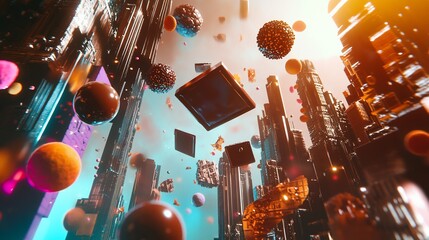 Fototapete - Surreal futuristic cityscape with floating spheres and objects under a bright sky