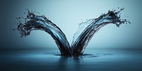 Poster - Dynamic water splash creating elegant arcs in serene blue background, showcasing fluid motion and beauty of nature