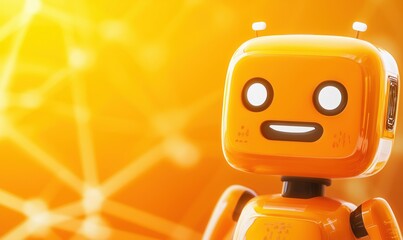Poster - Cheerful orange robot with smiling face against bright orange background, showcasing friendly design and modern technology