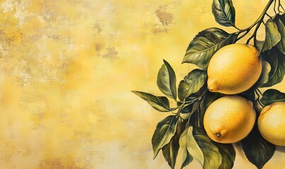 Poster - Lemons on Branch with Green Leaves Against Yellow Background, Vibrant Citrus Fruit Composition, Freshness and Natural Beauty