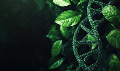 Poster - DNA Helix Surrounded by Lush Green Leaves Representing Nature and Genetics Interconnection