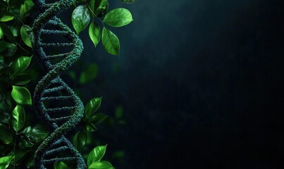 Poster - DNA double helix intertwined with lush green leaves symbolizing nature, genetics, and biotechnology