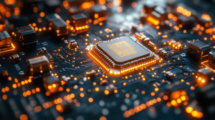 Poster - Close-up of a glowing microchip on a dark circuit board, symbolizing futuristic technology