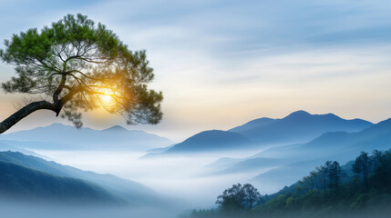 Wall Mural - tree with a sun shining on it. minimalistic background.