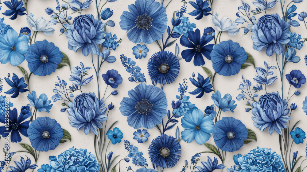 Amazing floral design with vibrant different blue flowers on white ...