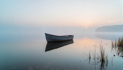 Wall Mural - Abandoned boat reflecting on calm lake at sunrise, timeless tranquility