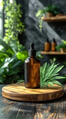 Poster - Brown Glass Dropper Bottle on Wooden Board Surrounded by Greenery