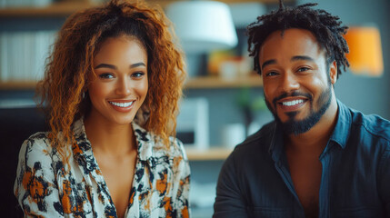 Poster - A happy professional couple in a modern office setting, representing teamwork, success, and positive workplace culture