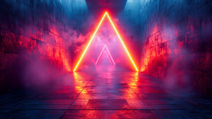Poster - Futuristic neon triangle tunnel with vibrant lighting and fog effects, creating a cyberpunk atmosphere with glowing reflections