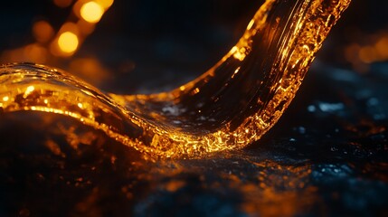 Fototapete - Golden Fluid Flowing with Bokeh Effects on a Dark Background creating a liquid wave