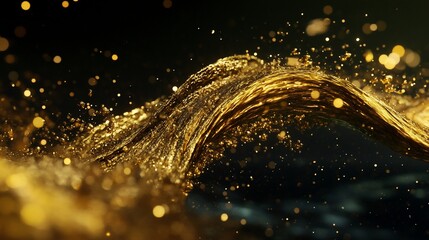Fototapete - Abstract Golden Wave with Bokeh Effects on a Dark Background for Luxurious Design