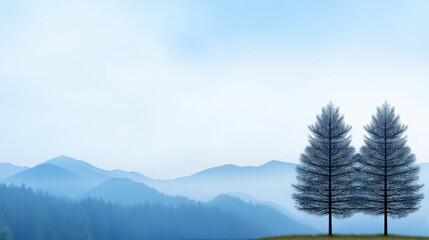 Wall Mural - two trees are standing in a field with mountains in the background. minimalistic background.