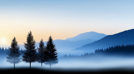 Wall Mural - three trees are in the foreground of a mountain range. minimalistic background.
