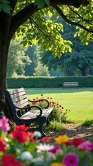Poster - A bench is under a tree with flowers in the background. The bench is empty. 