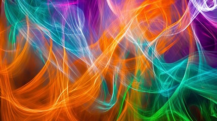 Fototapete - Abstract fractal art with vibrant swirling lines of orange, teal, white, pink and green against a purple background