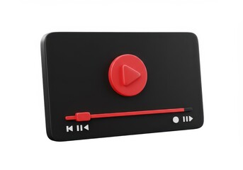 Fototapete - A 3D video player interface with rectangular screen with a red circular play button in the center isolated on white background