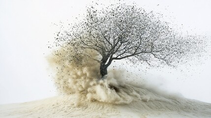 A lone tree seemingly disintegrates as dirt and debris erupt from beneath it in a desolate environment