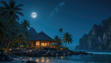 Wall Mural - A tropical beach house adorned with string lights, nestled in a secluded cove with rocky cliffs on both sides, framed by palm trees under a sky illuminated by countless stars