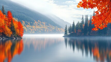 Wall Mural - Autumn lake reflection, misty mountain scenery, fall foliage