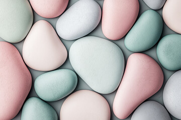 Poster - Scandinavian pattern of abstract pebble shapes in muted pastels, featuring smooth textures and gentle overlaps for a serene look