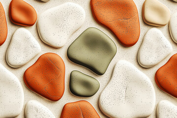 Poster - Natural abstract pattern featuring earthy pebble-like shapes in terracotta, olive, and ivory tones on a soft beige backdrop