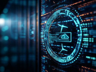 Poster - Futuristic cloud computing server with glowing digital elements and clocks