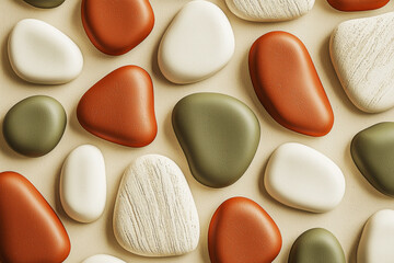Poster - Natural abstract pattern of irregular pebble shapes in earthy tones of terracotta, olive, and ivory on a soft beige background