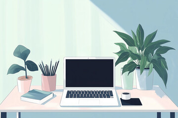 Poster - laptop sits on a desk with a potted plant and a book. The laptop is open and the plant is in front of it. The desk is clean and organized, with a few books and a cup
