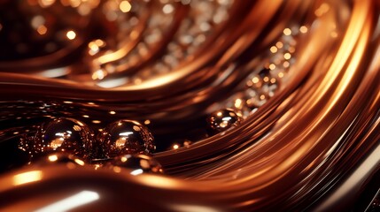 Abstract bronze wavy ribbons with glossy spheres and sparkling bokeh lights