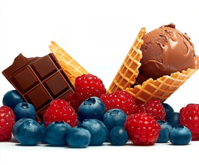 Wall Mural - Waffle cone with chocolate ice cream, surrounded by fresh raspberries, blueberries, and a dark chocolate bar, arranged on a clean white background.