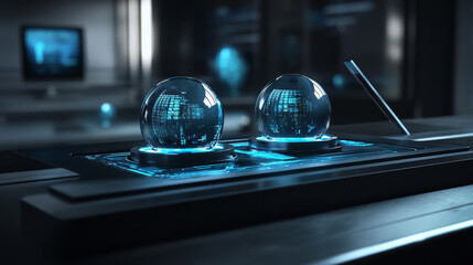 Poster - sleek modern computer interface featuring two glowing spheres, showcasing digital data and technology
