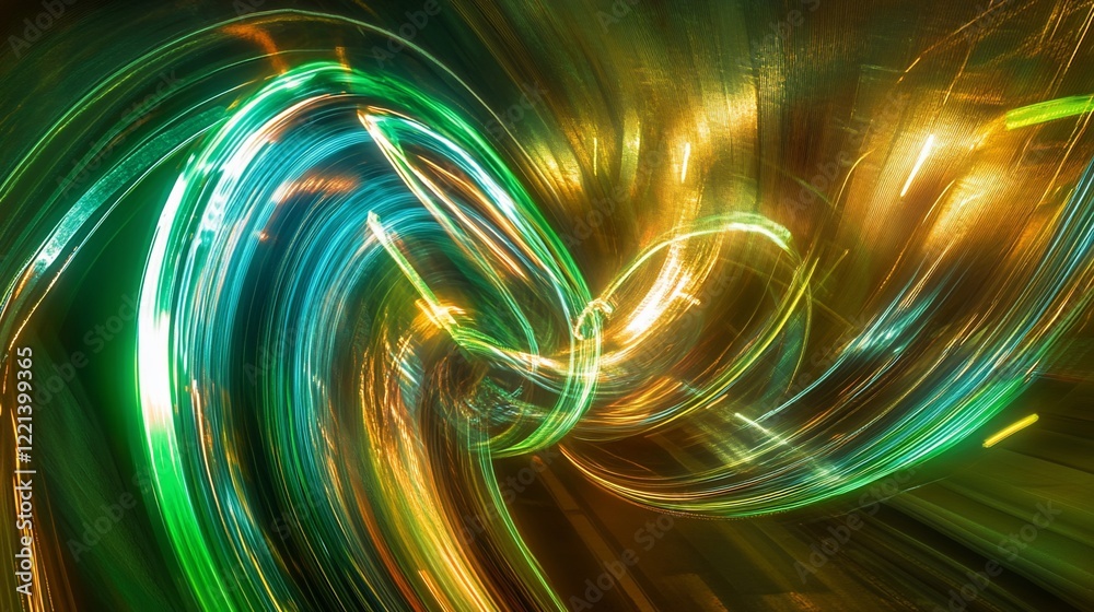 Abstract light trails with vibrant green, gold, and blue hues create a ...
