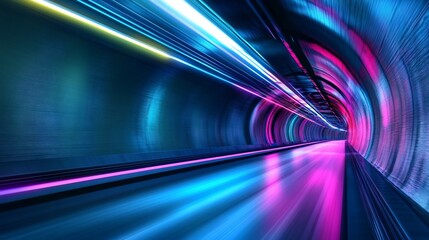 Wall Mural - Abstract tunnel with light trails in blue, pink and yellow colors, modern futuristic background