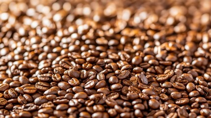 Wall Mural - Close-up of roasted coffee beans scattered on a wooden surface, showcasing rich textures and colors