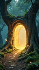 Poster - A tree with a hole in it. The hole is lit up with a yellow light. There is a path leading to the hole
