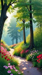 Fototapete - A path through a forest with flowers on the side. The path is lined with trees and the flowers are in a variety of colors
