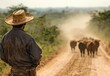 © ANUAR - Dusty Trail Journey of a Cowboy Guiding Cattle Through Rural Landscape in Early Morning Light with Vibrant Green Foliage in the Background