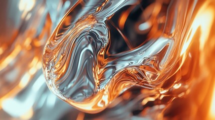 Wall Mural - Abstract liquid chrome orange reflecting light with smooth and wavy surface