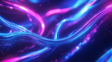 Wall Mural - Abstract glowing neon lines in blue and pink with sparkling particles create a dynamic background