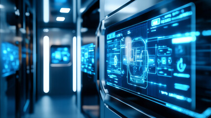 Poster - Futuristic digital interface in high tech environment with glowing screens