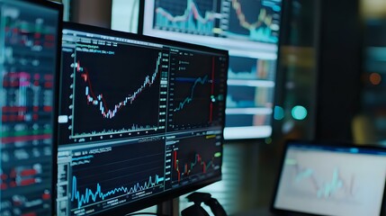 Poster - Financial trading screens showing stock market charts and graphs in dark office environment. Multiple monitors display real-time market data analysis for investment decisions.