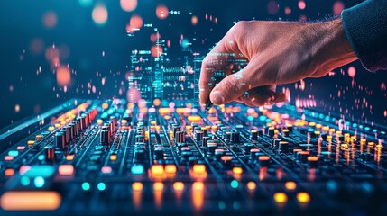 A close-up of a hand adjusting settings on a modern audio mixer, with vibrant lights and a focus on digital control, representing music production technology.