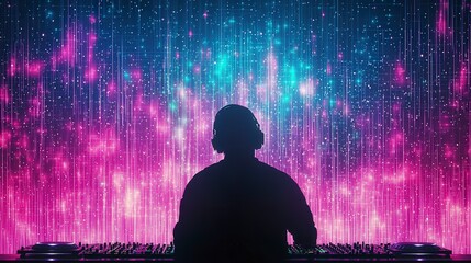 Poster - A DJ performs in front of a vibrant light display, creating an energetic atmosphere filled with colorful visuals and pulsating beats, captivating the crowd.