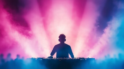 Poster - A DJ stands before a vibrant crowd, surrounded by colorful lights and fog, creating a dynamic atmosphere for an epic music experience.